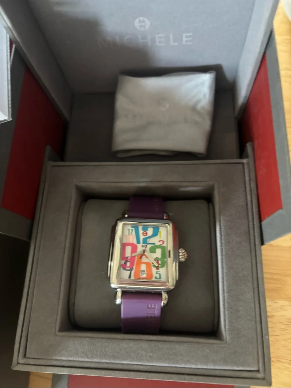 Michele Purple Strap Watch with Multicolor Numeral Dial